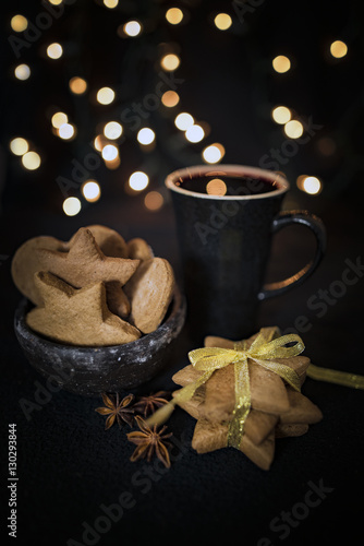 Christmas evening, a hot drink and gingerbread cookies