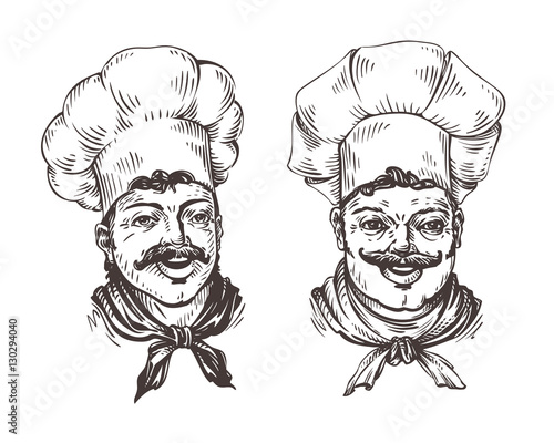 Drawn chef cooks on white background in style of engravings. Vector illustration