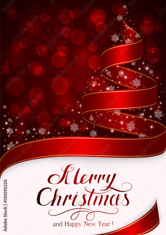 Christmas tree from ribbon and snowflakes on red background