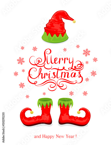 Merry Christmas with red elf hat and shoes