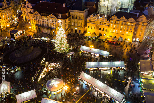 Christmas market on the night in Old Town Square, Prague, Czech Republic © daliu