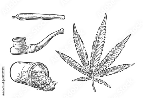 Marijuana leaf, bottle, cigarettes and pipe for smoking.