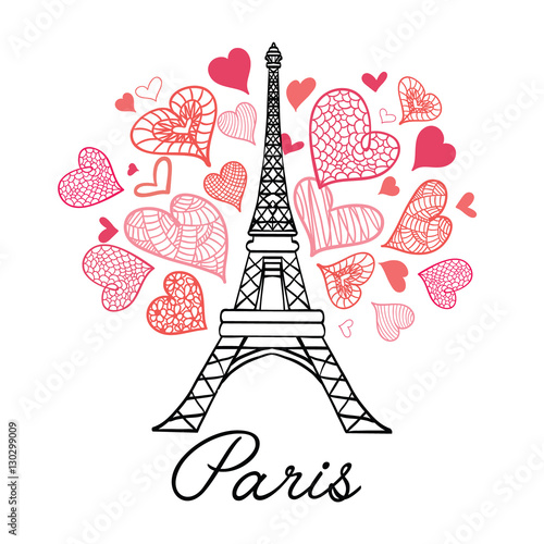 Vector Eifel Tower Paris Bursting With St Valentines Day Pink Red Hearts Of Love. Perfect for travel themed postcards, greeting cards, wedding invitations.