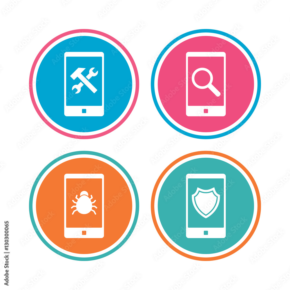 Smartphone icons. Shield protection, repair, bug. Smartphone icons. Shield protection, repair, bug.
