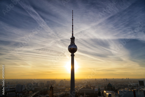 Photography Berlin, Germany - December 2016: TV Tower Alex with beautiful sunset, panoramic view onto Alexanderplatz