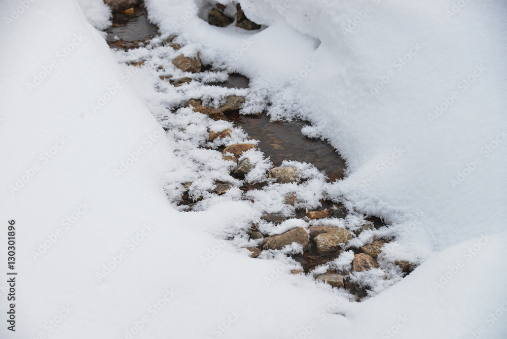 Mountain stream running covered by snow in winter with some stones in water