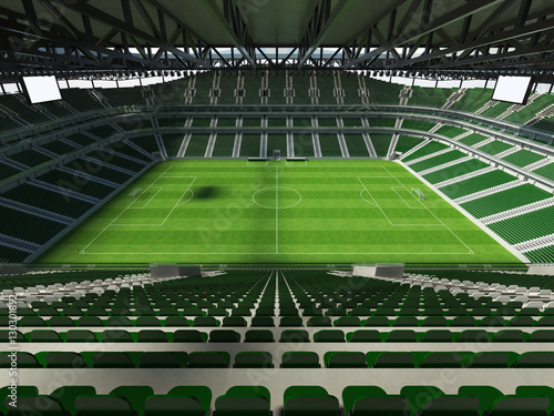 3D render of a large capacity soccer-football Stadium with an open roof and green seats