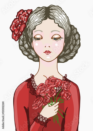 confused happy or sad woman with blushed cheeks, pale skin, platinum blonde hair, double braid updo and a rose barrette in a crimson red dress with bouquet of flowers on a date, dating