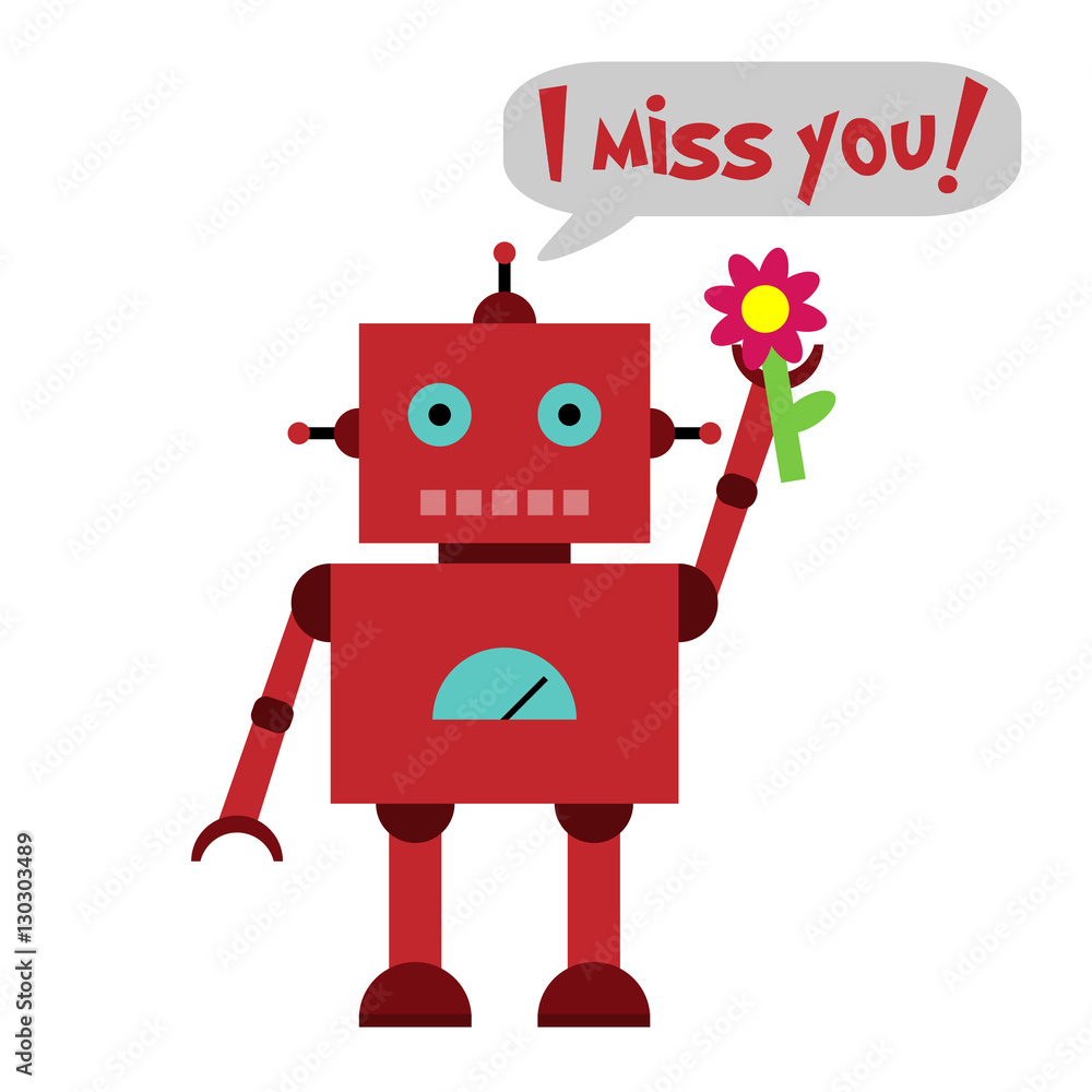 Vector illustration of a toy Robot with flower and text I miss you! Vector illustration of a toy Robot with flower and text I miss you!