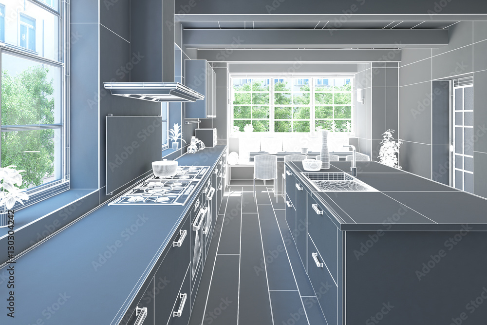 Fototapeta premium 3D Interior rendering of a modern kitchen
