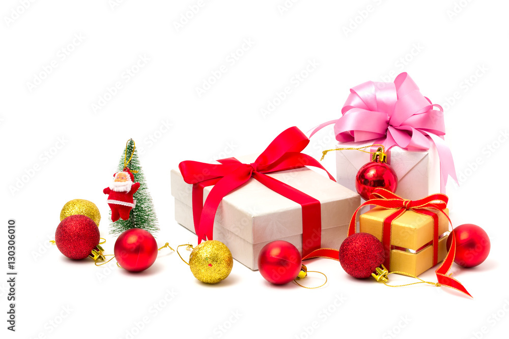 Gift boxes and christmas balls,Isolated on white background