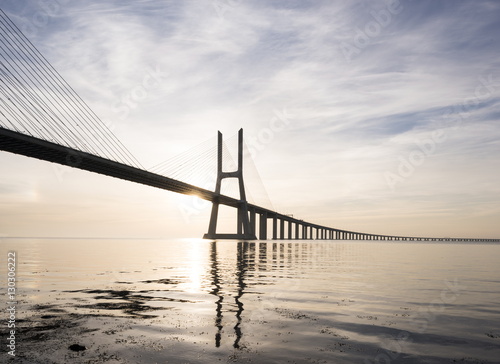 Vasco da Gama Bridge over Rio Tejo (Tagus River) at dawn, Lisbon, Portugal
