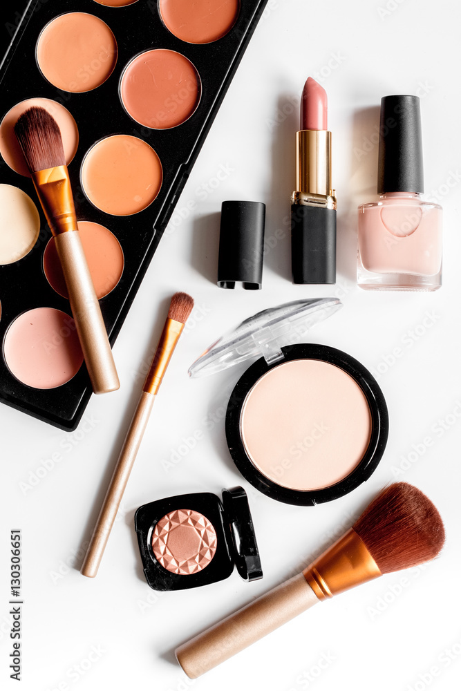 decorative cosmetics nude on white background top view decorative cosmetics nude on white background top view