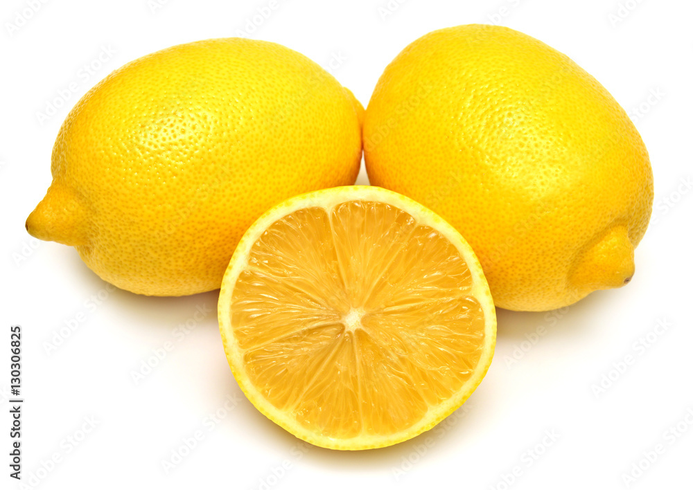 The cut lemon isolated on white background. Tropical fruit. Flat