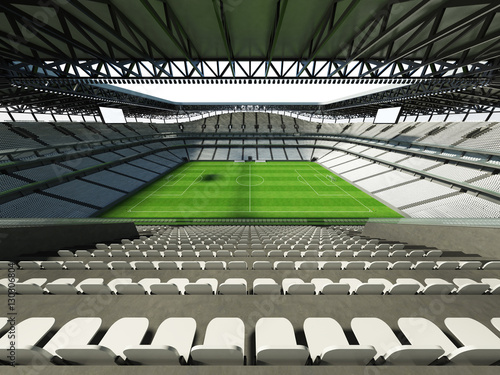 3D render of a large capacity soccer-football Stadium with an open roof and white seats