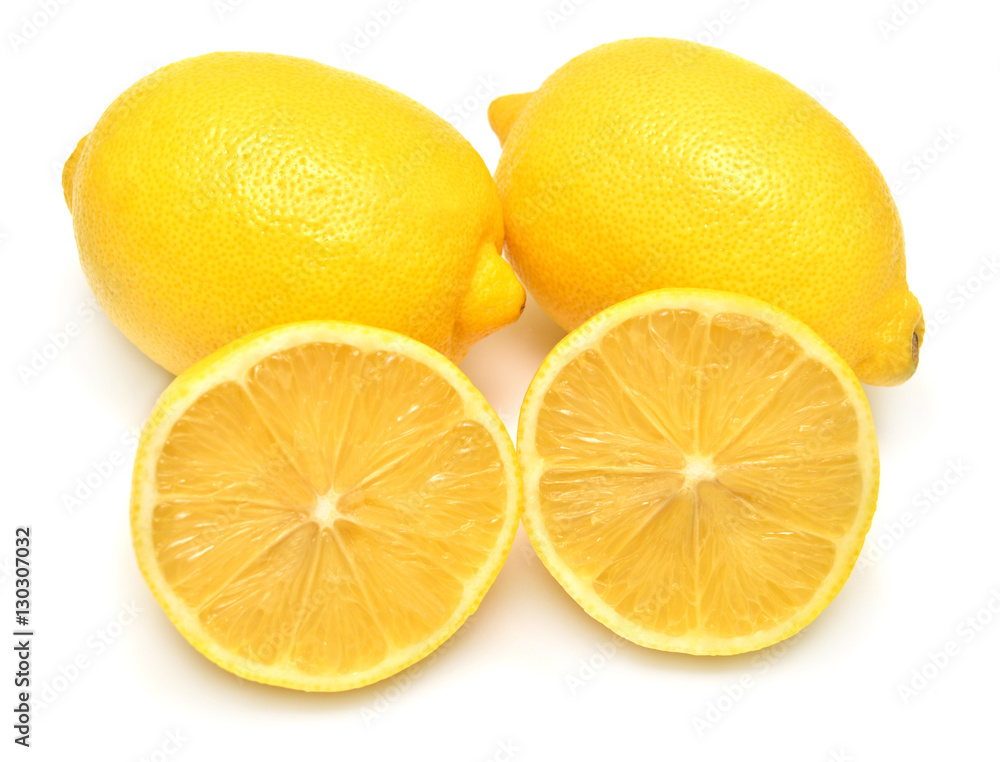 The cut lemon isolated on white background. Tropical fruit. Flat