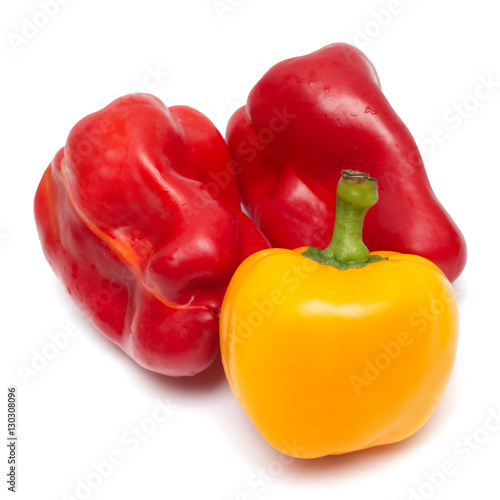 Red and yellow peppers isolated on white background. Flat lay, t