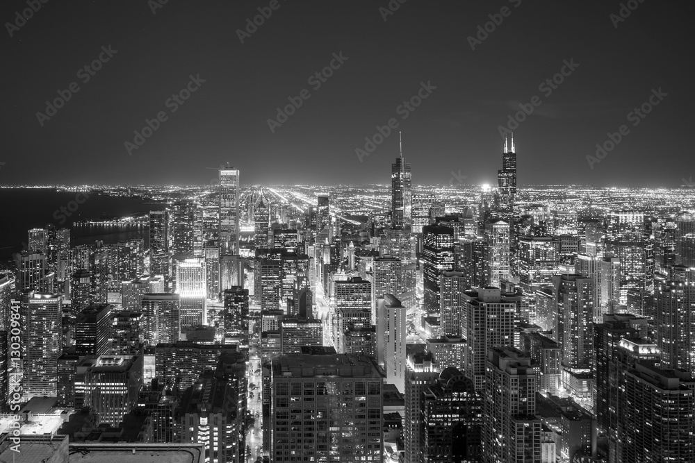 Aerial view of Chicago downtown skyline at sunset