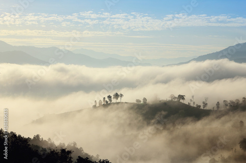 Fototapeta Naklejka Na Ścianę i Meble -  Beautiful scenery during sunrise with the mist at Ban Huay Kon ,Chaloem Phra Kiat district ,Nan province in Thailand is a very popular for photographer and tourists. Attractions and natural Concept