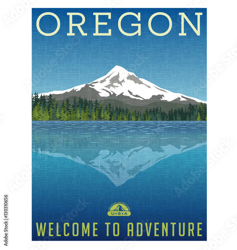 Oregon, United States travel poster or luggage sticker. Scenic illustration of Mt. Hood behind lake with reflection.