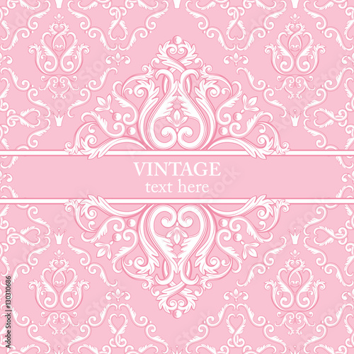 Template card with abstract baroque royal background in pink and white colors.