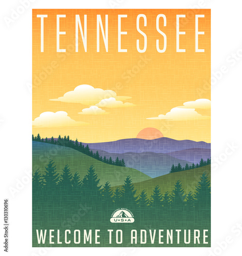 Tennessee, United States travel poster or luggage sticker. Scenic illustration of the Great Smoky Mountains with pine trees and sunrise. 