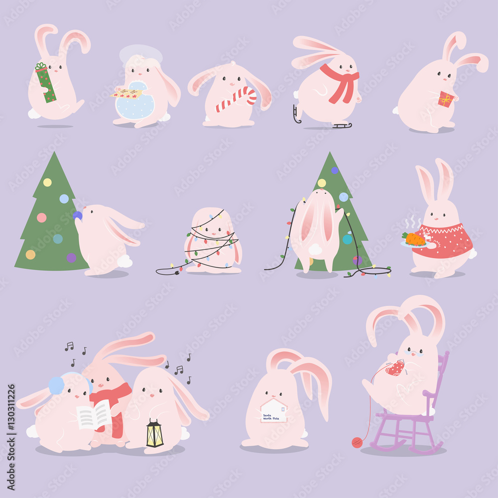 Fototapeta premium Set of cartoon characters. Bunny christmas celebration.