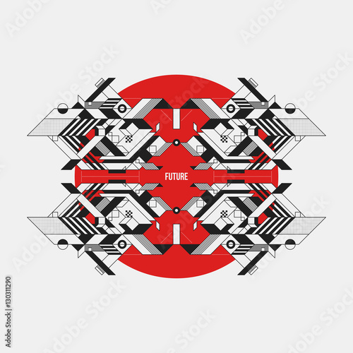 Abstract symmetric design element on red circle. Futuristic design  useful for prints and posters.