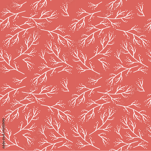 Seamless pattern with white branches on red background.