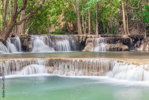 Beautiful waterfall cascades in Erawan National Park in Thailand