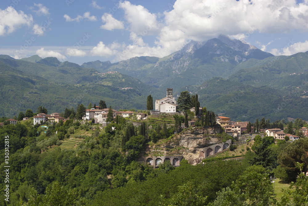 View of medieval hill town and Duomo di San Cristoforo, Barga, Garfagnana, Tuscany View of medieval hill town and Duomo di San Cristoforo, Barga, Garfagnana, Tuscany