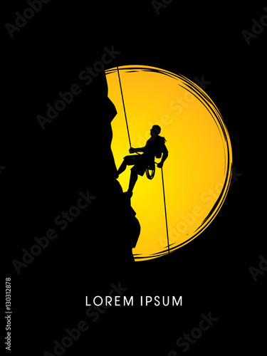 Silhouette Man climbing on a cliff, designed  on moonlight background graphic vector.