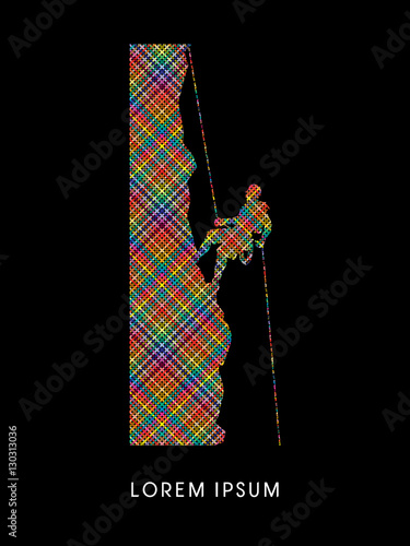 Silhouette Man climbing on a cliff, designed using colorful line pixels graphic vector.