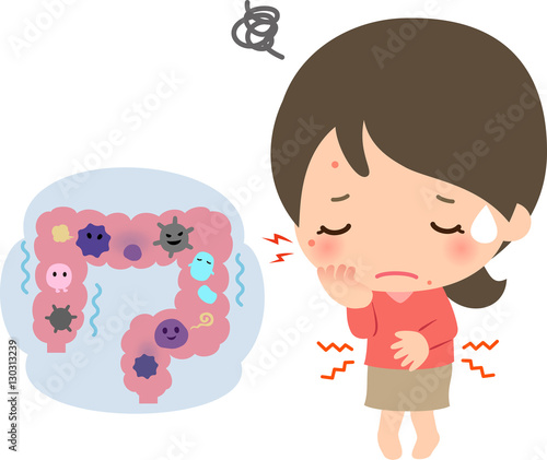 悪玉菌が多い腸内のイメージと困っている女性