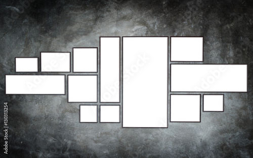 Blank wood photo frame on red wall. Interior decoration