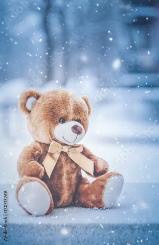 teddy bear sitting on snow in winter time