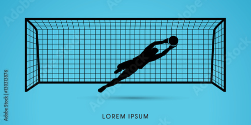 Goalkeeper jumping, catches the ball graphic vector.