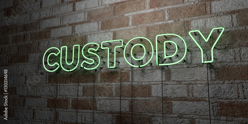 CUSTODY - Glowing Neon Sign on stonework wall - 3D rendered royalty free stock illustration.  Can be used for online banner ads and direct mailers..