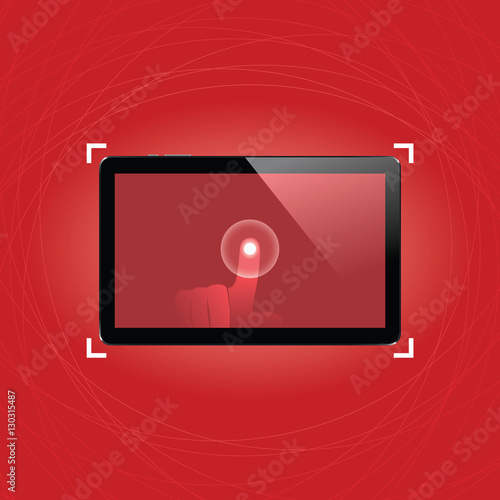 Digital tablet with shiny sensor screen with touch hand. Electronic smart device