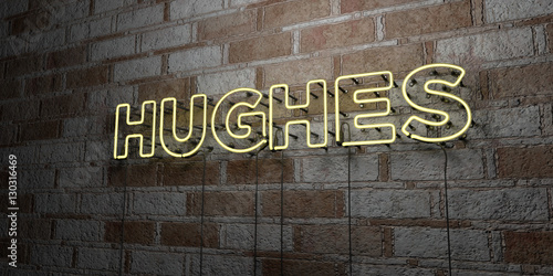 Tableau sur toile HUGHES - Glowing Neon Sign on stonework wall - 3D rendered royalty free stock illustration