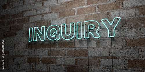 INQUIRY - Glowing Neon Sign on stonework wall - 3D rendered royalty free stock illustration. Can be used for online banner ads and direct mailers..