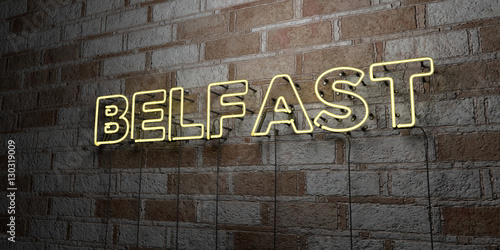 BELFAST - Glowing Neon Sign on stonework wall - 3D rendered royalty free stock illustration. Can be used for online banner ads and direct mailers..