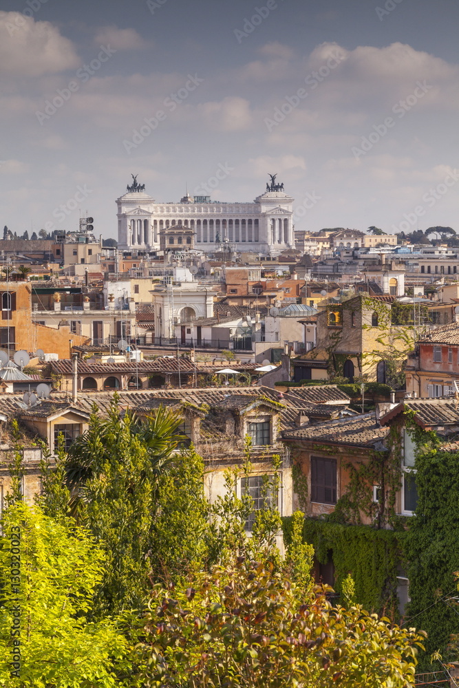 The rooftops of Rome with Il Vittoriano, the monument to Italy's first king, Vittorio Emanuelein the background, Rome, Lazio The rooftops of Rome with Il Vittoriano, the monument to Italy's first king, Vittorio Emanuelein the background, Rome, Lazio