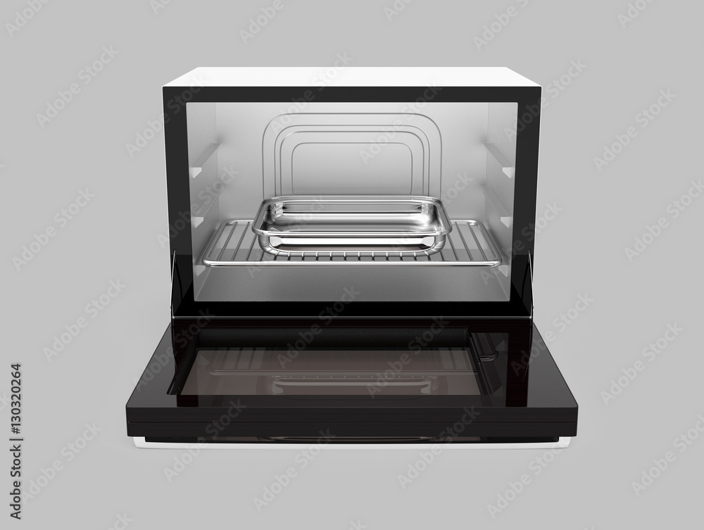 Front view of open microwave oven isolated on gray background. 3D rendering image with clipping path. Front view of open microwave oven isolated on gray background. 3D rendering image with clipping path.