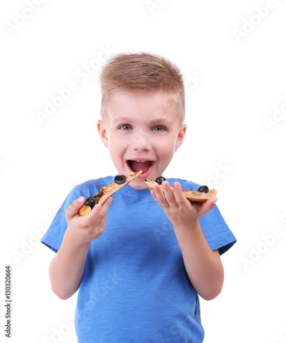 Cute boy eating pizza, isol...