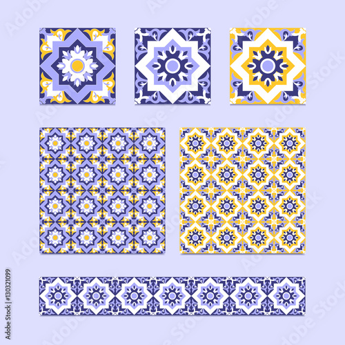 Vector set of 3 ceramic tiles, 2 tiled patterns and border design in blue, white and yellow colors. Spanish, azulejo or moroccan mosaic ornament. Elements for background, floor, fabric and wallpaper.
