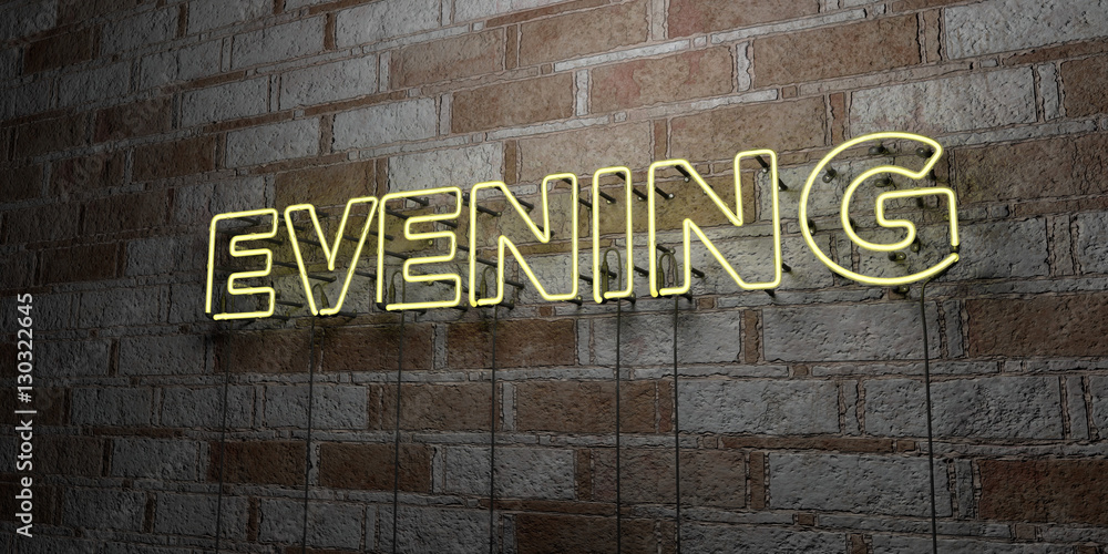 Naklejka premium EVENING - Glowing Neon Sign on stonework wall - 3D rendered royalty free stock illustration. Can be used for online banner ads and direct mailers..
