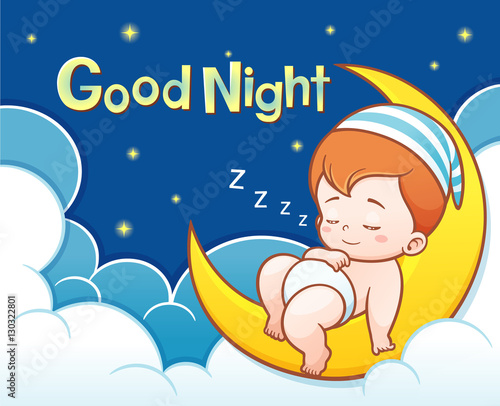 Vector Illustration of Cartoon Cute Baby Sleeping on the moon with Good night text
