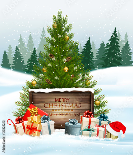 Christmas background with a Christmas tree and presents with san