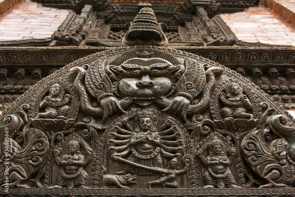 Carved statues on the Durbar Square in Kathmandu Nepal